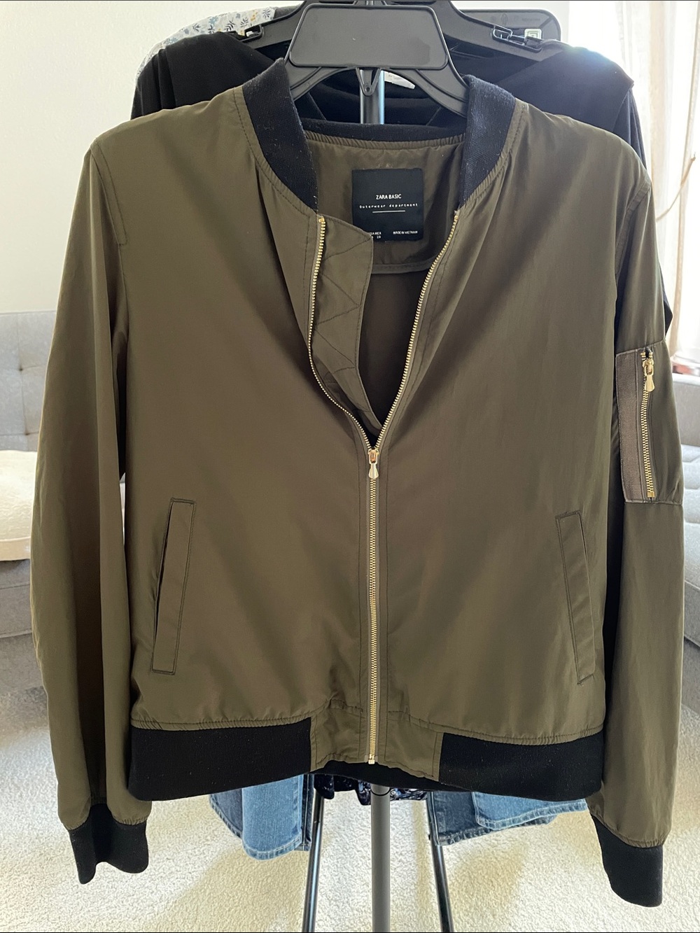 Zara Olive Green Bomber Jacket with Black Trim